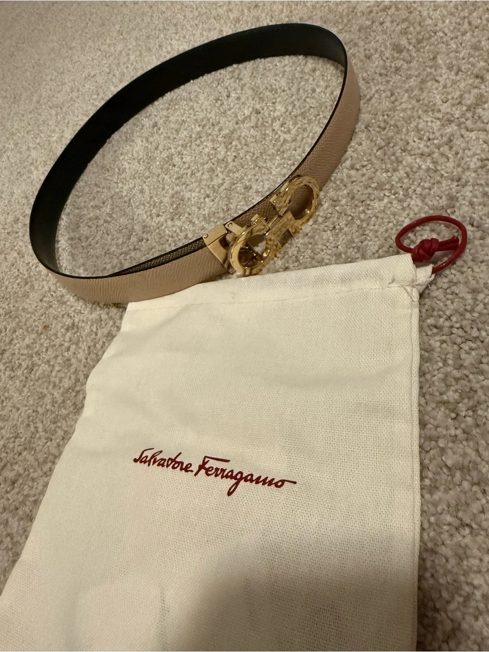 Salvatore Ferragamo Beige Leather Belt with Gold Gancini Buckle